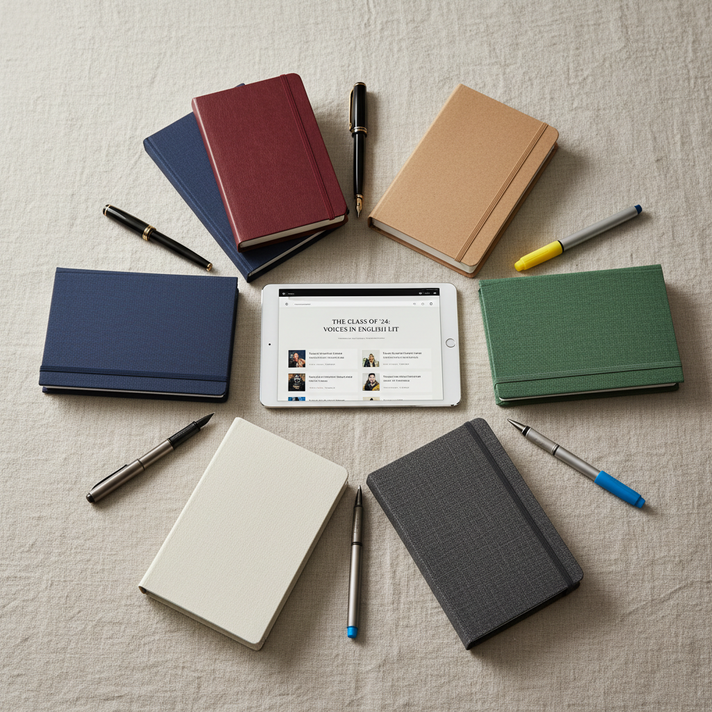 A close-up, overhead photographic view of a tidy cluster of six distinct hardcover journals arranged in a loose circle on a pale linen tablecloth, each with a different textured cover: navy cloth, burgundy leatherette, kraft paper, forest green linen, charcoal gray, and soft cream. Between them lie pens, highlighters, and a slim tablet showing a minimalist blog layout. Diffused overcast light from an unseen window softens the colors and minimizes shadows, giving a balanced, professional tone. The composition uses the rule of thirds, with the journals forming a visual “super six” focal point, suggesting a collection of individual student voices within one English Literature class blog site.