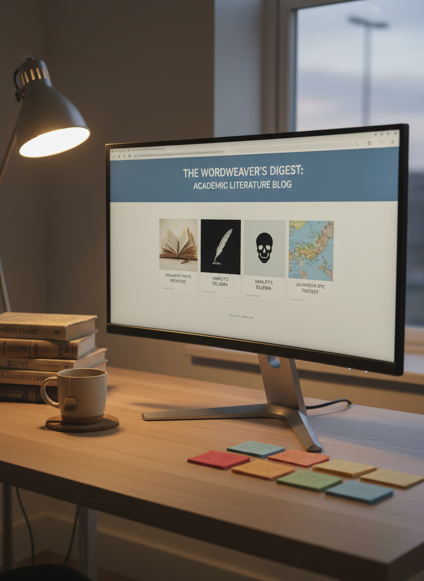 An organized digital workspace featuring a large, modern monitor on a light oak desk, displaying an elegant blog dashboard with multiple post thumbnails that subtly evoke literature topics. Beside the monitor sit stacked paperbacks with worn spines, a ceramic mug of tea on a cork coaster, and a neat row of color-coded index cards. Warm desk-lamp lighting mixes with faint evening window light, creating a cozy yet professional glow, with soft reflections on the monitor and gentle shadows behind the books. Photographic realism, slightly elevated angle, moderate depth of field, conveying a focused, productive environment where student blog posts are drafted, reviewed, and curated for an academic English Literature website.